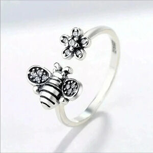 Sweet Bumblebee Bee & Flower Crystal 925 Sterling Silver Adjustable Ring